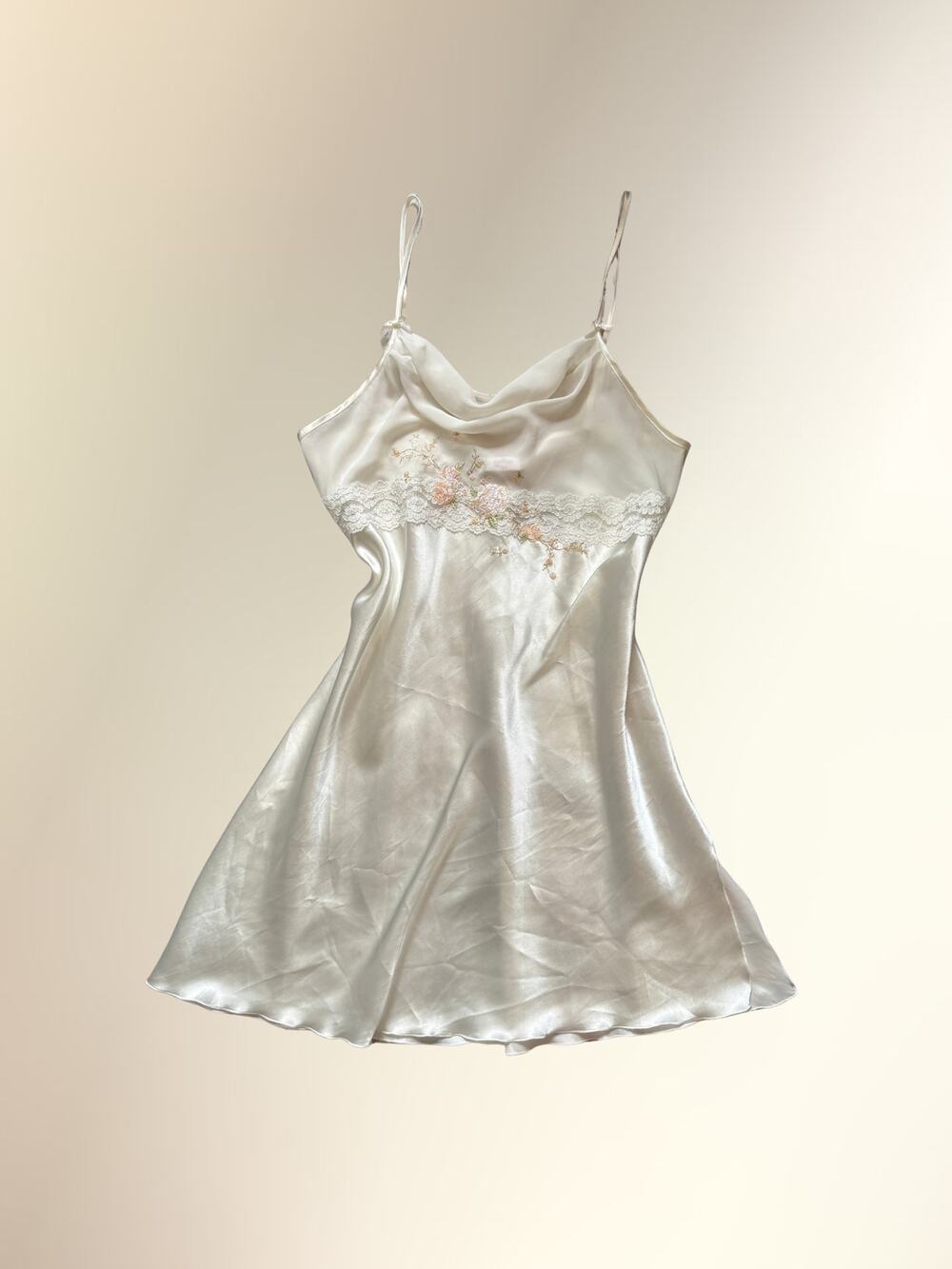 Y2K Cream Ivory Floral Embroidered Satin Bias Cut Tie Back Slip Mini Dress Sz M